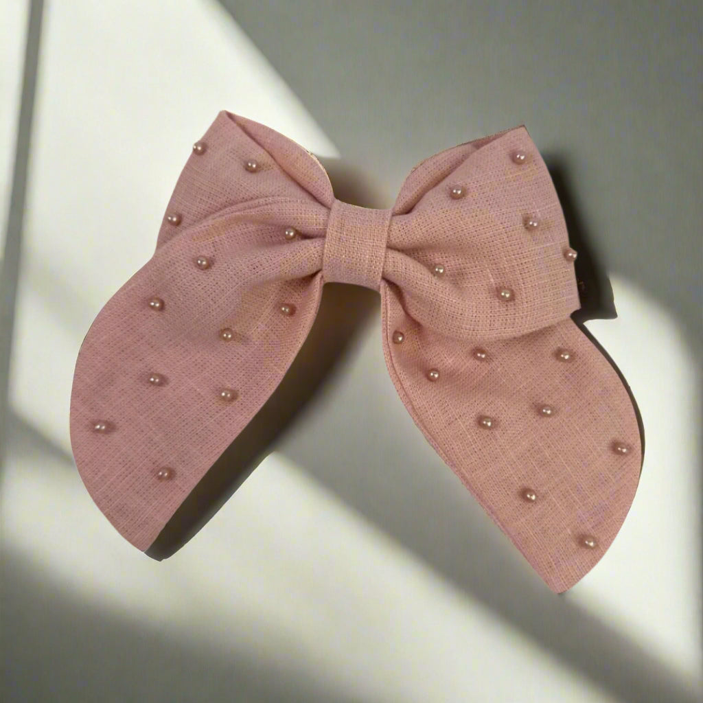 Linen Pearl Hair Bow (Large)