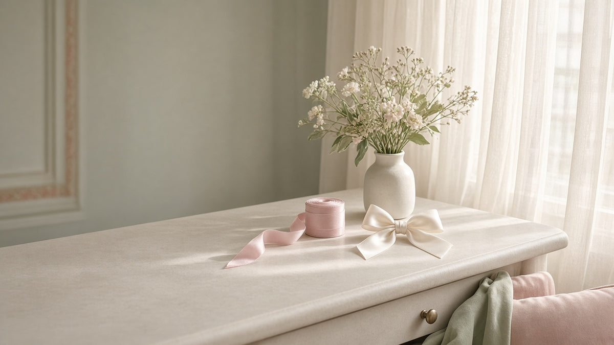 Soft vanity table with a satin bow and ribbon spool by a sheer-curtained window