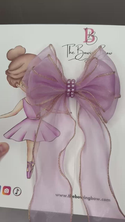 The Bowing Bow Ballet Hair Bow, Purple with Gold Trim and Pearl Details, 5.5 inches