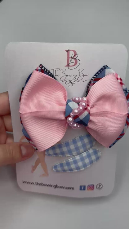 Preppy Pink Plaid Hair Bow Set
